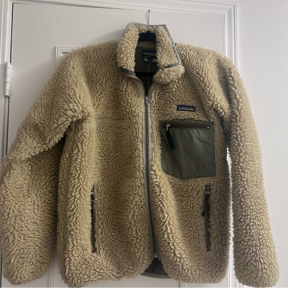 Patagonia Vintage XS Retro Deep Pile Cardigan Jacket Fleece in Oatmeal and Sage